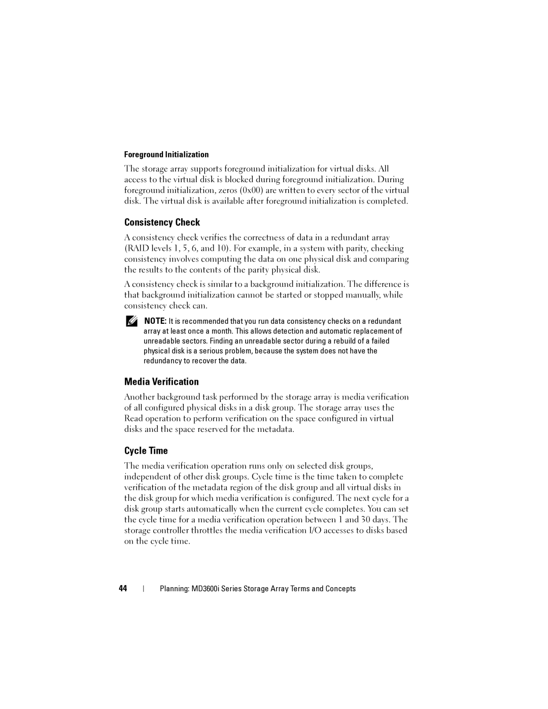 Dell MD3620I, MD3600I owner manual Consistency Check, Media Verification, Cycle Time, Foreground Initialization 