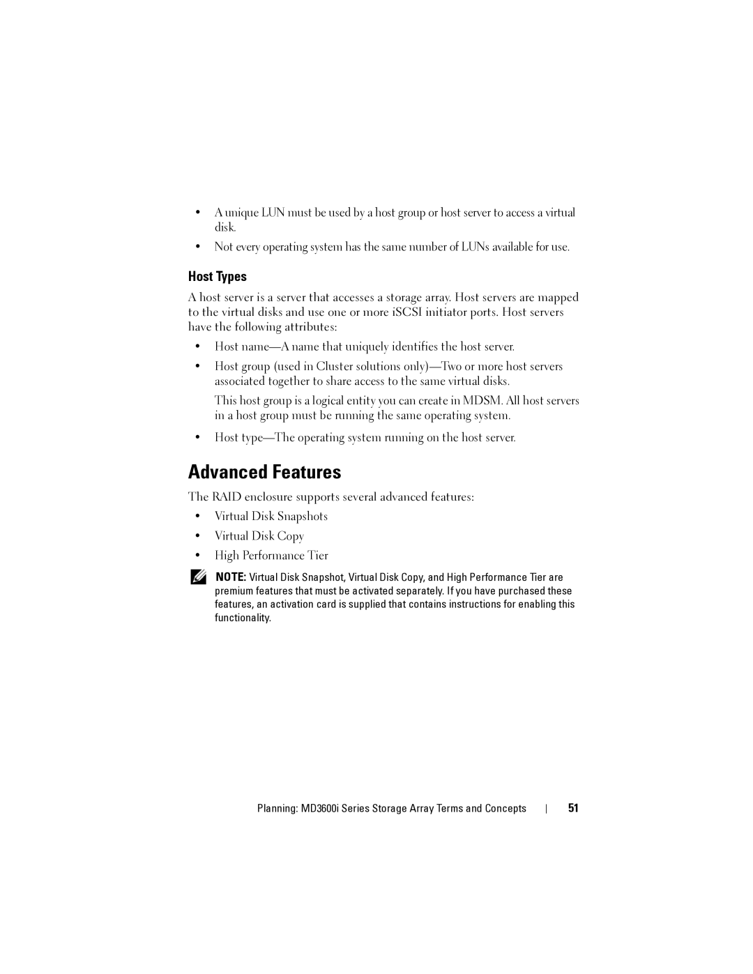 Dell MD3600I, MD3620I owner manual Advanced Features, Host Types 