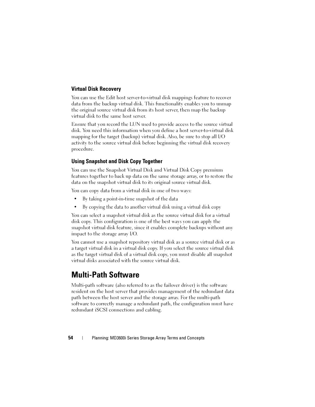 Dell MD3620I, MD3600I owner manual Multi-Path Software, Virtual Disk Recovery, Using Snapshot and Disk Copy Together 