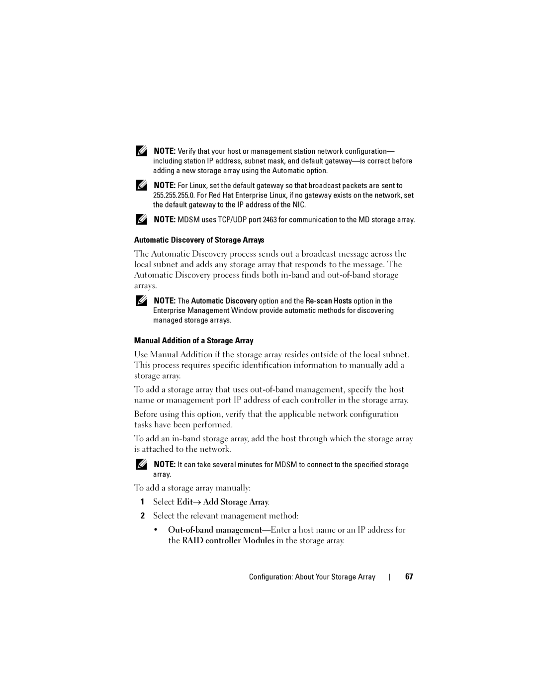 Dell MD3600I Automatic Discovery of Storage Arrays, Manual Addition of a Storage Array, Select Edit→ Add Storage Array 