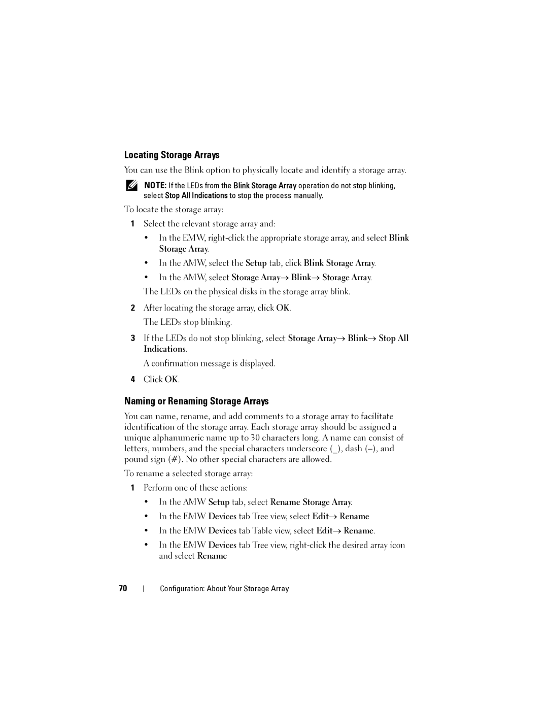 Dell MD3620I Locating Storage Arrays, Naming or Renaming Storage Arrays, AMW, select Storage Array→ Blink→ Storage Array 