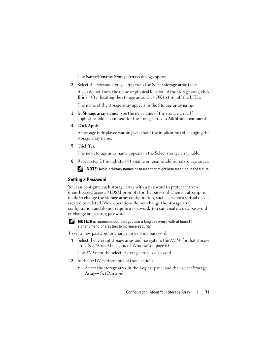 Dell MD3600I, MD3620I owner manual Setting a Password, Name/Rename Storage Arrays dialog appears 
