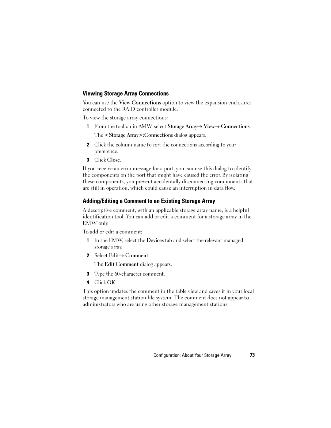 Dell MD3600I, MD3620I owner manual Viewing Storage Array Connections, Adding/Editing a Comment to an Existing Storage Array 