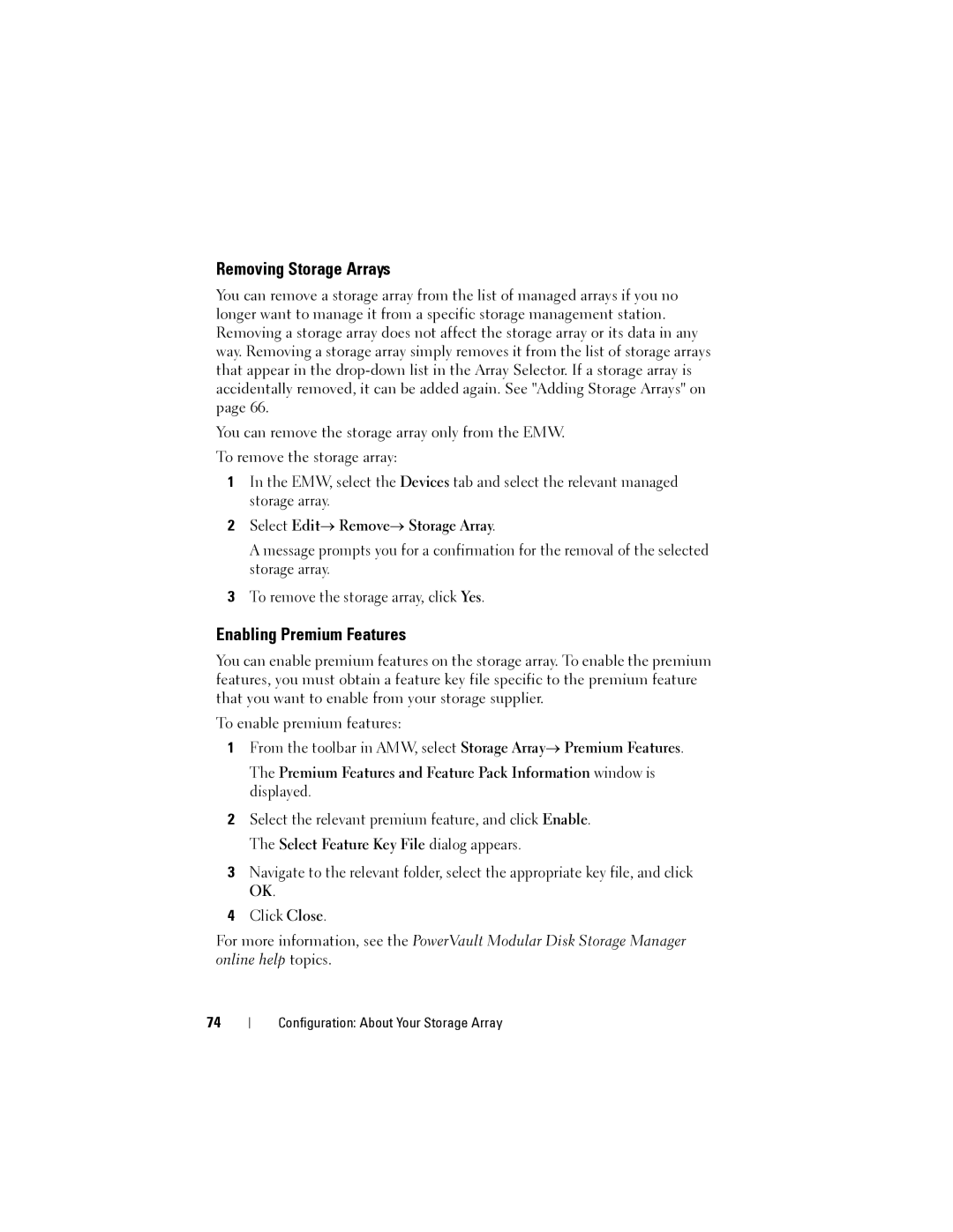 Dell MD3620I, MD3600I owner manual Removing Storage Arrays, Enabling Premium Features, Select Edit→ Remove→ Storage Array 