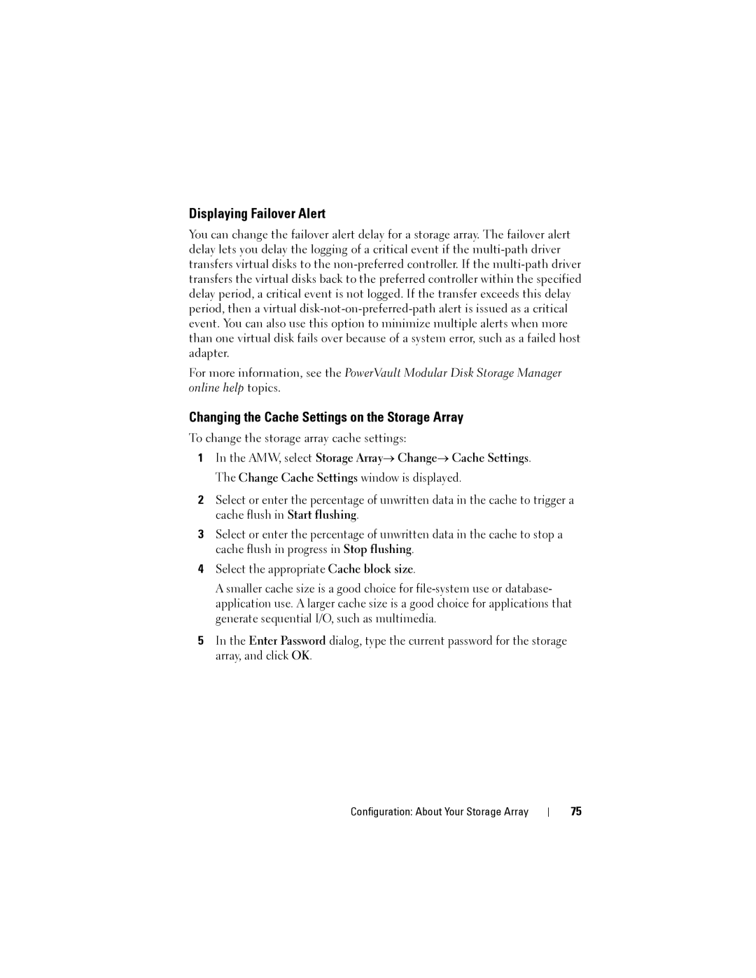 Dell MD3600I, MD3620I owner manual Displaying Failover Alert, Changing the Cache Settings on the Storage Array 