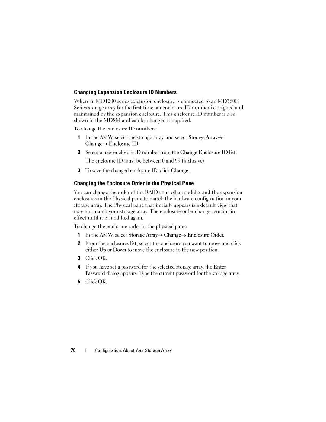 Dell MD3620I, MD3600I Changing Expansion Enclosure ID Numbers, Changing the Enclosure Order in the Physical Pane 