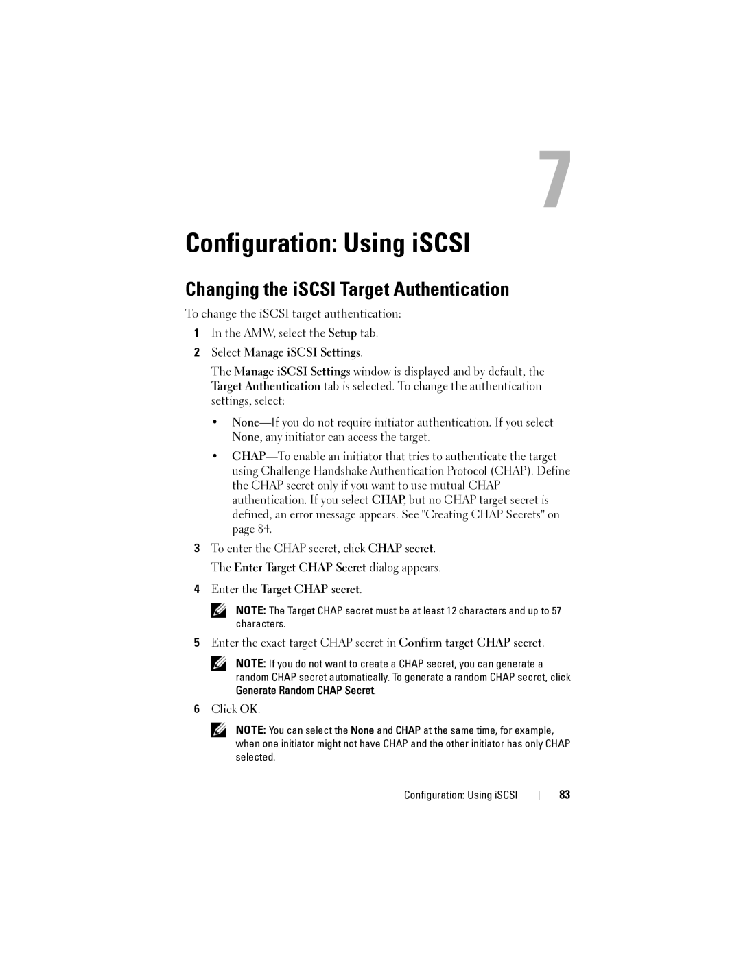 Dell MD3600I, MD3620I Configuration Using iSCSI, Changing the iSCSI Target Authentication, Select Manage iSCSI Settings 