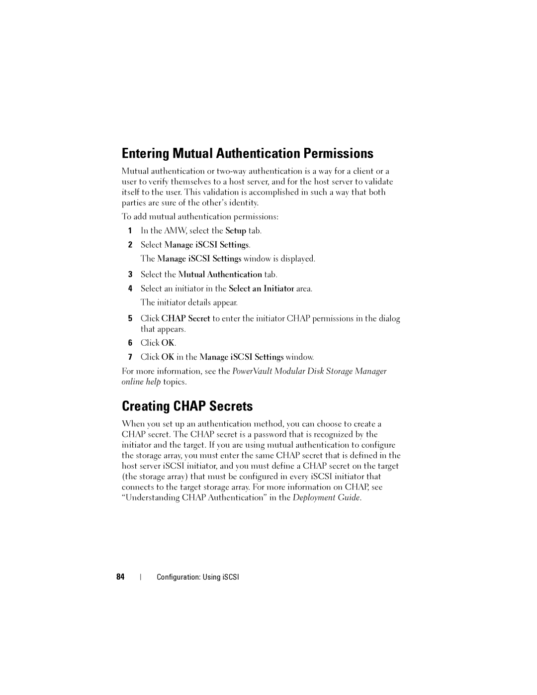 Dell MD3620I Entering Mutual Authentication Permissions, Creating Chap Secrets, Select the Mutual Authentication tab 