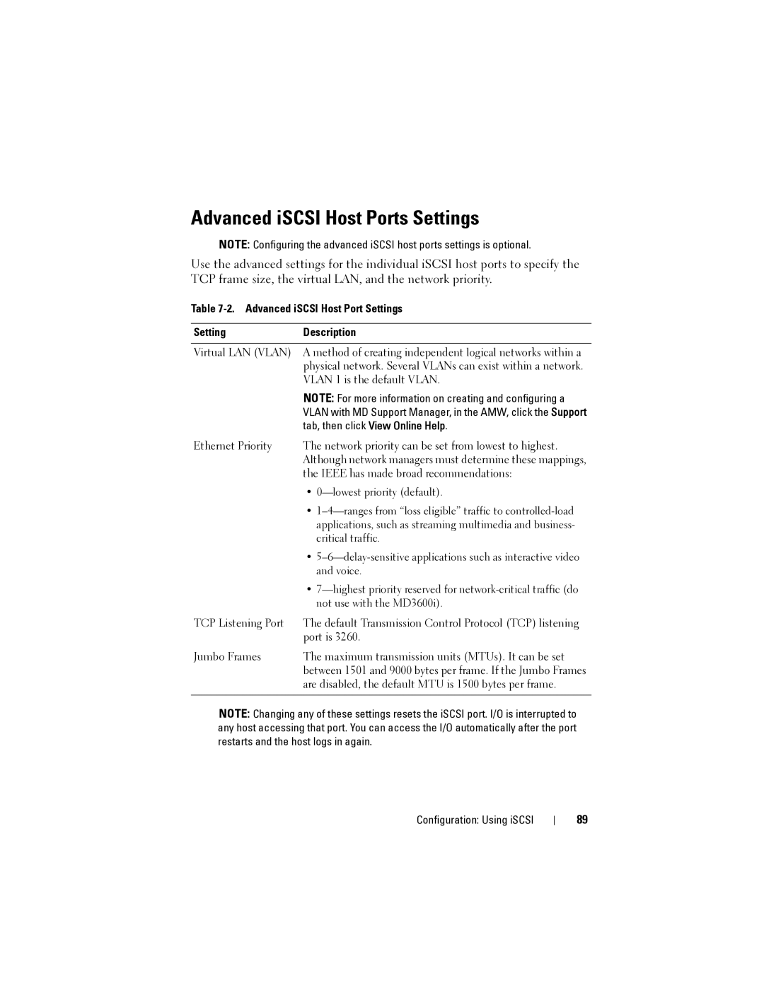 Dell MD3600I, MD3620I owner manual Advanced iSCSI Host Ports Settings, Advanced iSCSI Host Port Settings Description 