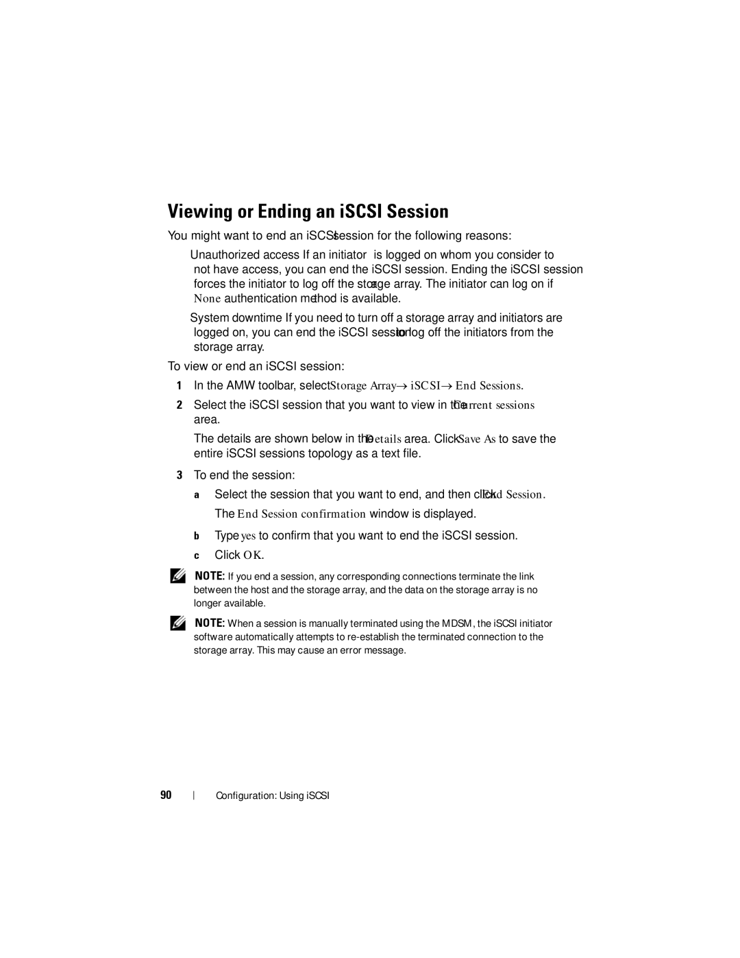 Dell MD3620I, MD3600I owner manual Viewing or Ending an iSCSI Session 