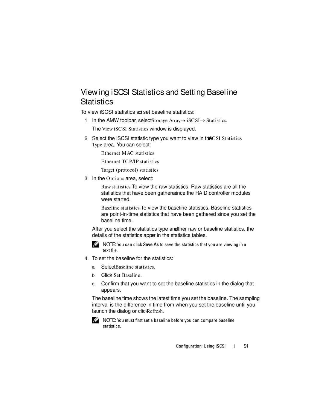 Dell MD3600I, MD3620I owner manual Viewing iSCSI Statistics and Setting Baseline Statistics, Click Set Baseline 