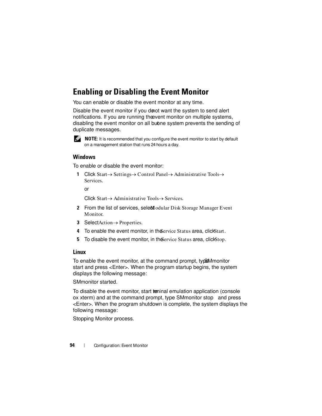 Dell MD3620I, MD3600I owner manual Enabling or Disabling the Event Monitor, Windows, Linux 