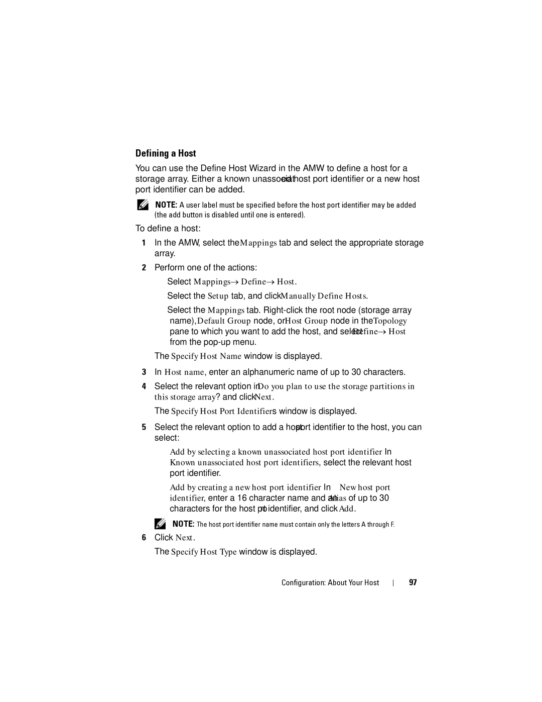 Dell MD3600I, MD3620I owner manual Defining a Host, Select Mappings→ Define→ Host 