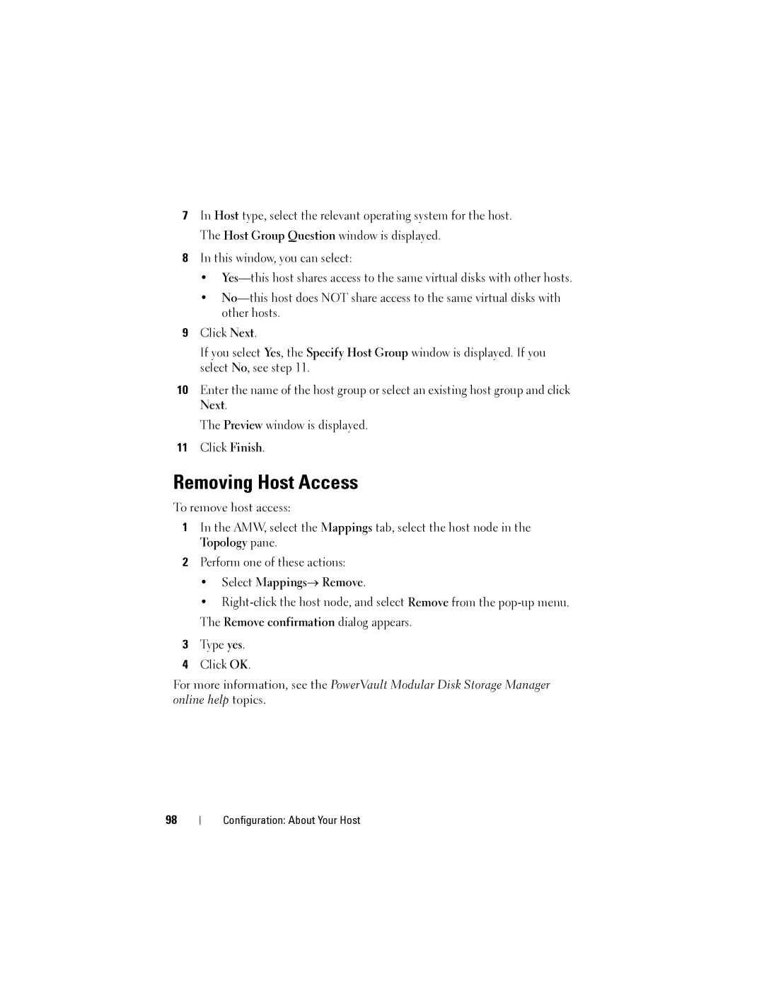 Dell MD3620I, MD3600I owner manual Removing Host Access, Select Mappings→ Remove 