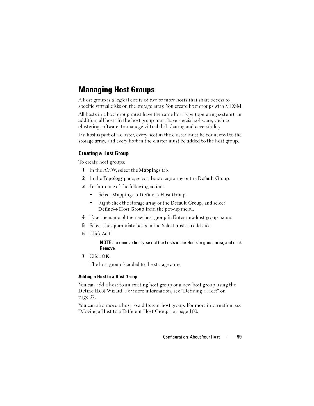 Dell MD3600I, MD3620I owner manual Managing Host Groups, Creating a Host Group, Select Mappings→ Define→ Host Group 