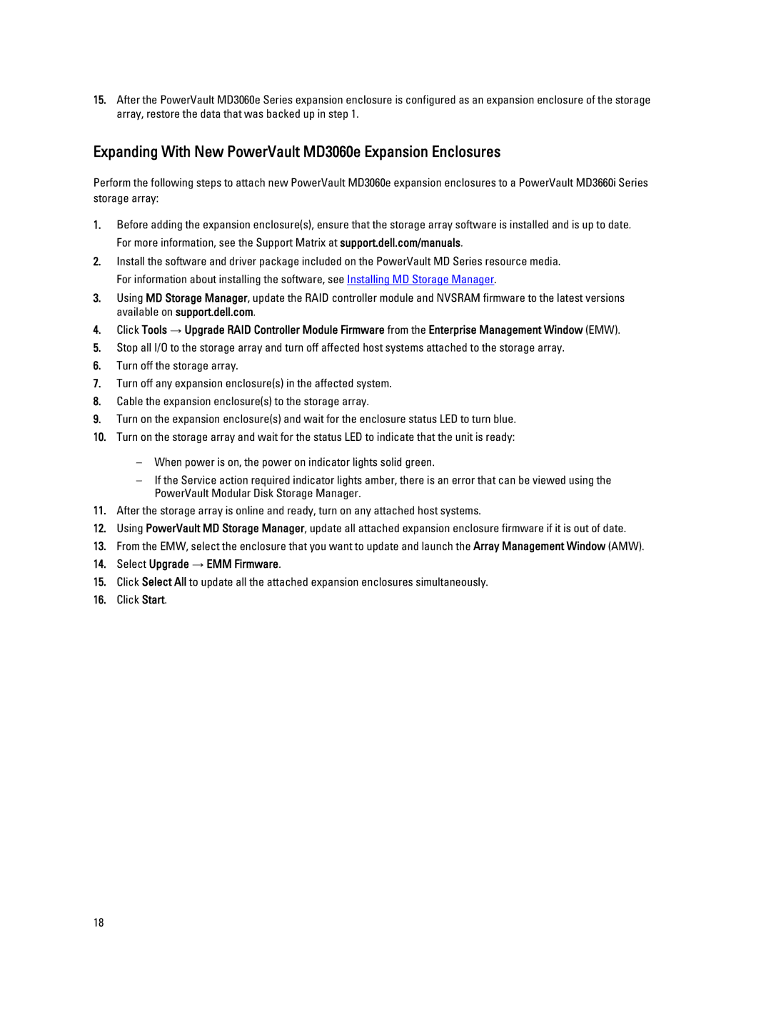 Dell MD3660I manual Expanding With New PowerVault MD3060e Expansion Enclosures, Select Upgrade → EMM Firmware 