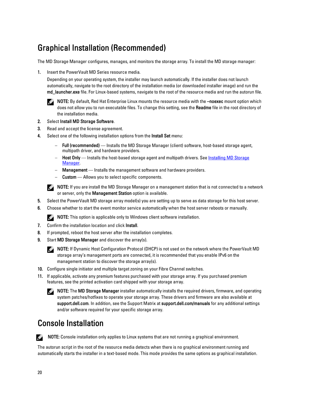 Dell MD3660I manual Graphical Installation Recommended, Console Installation, Select Install MD Storage Software 