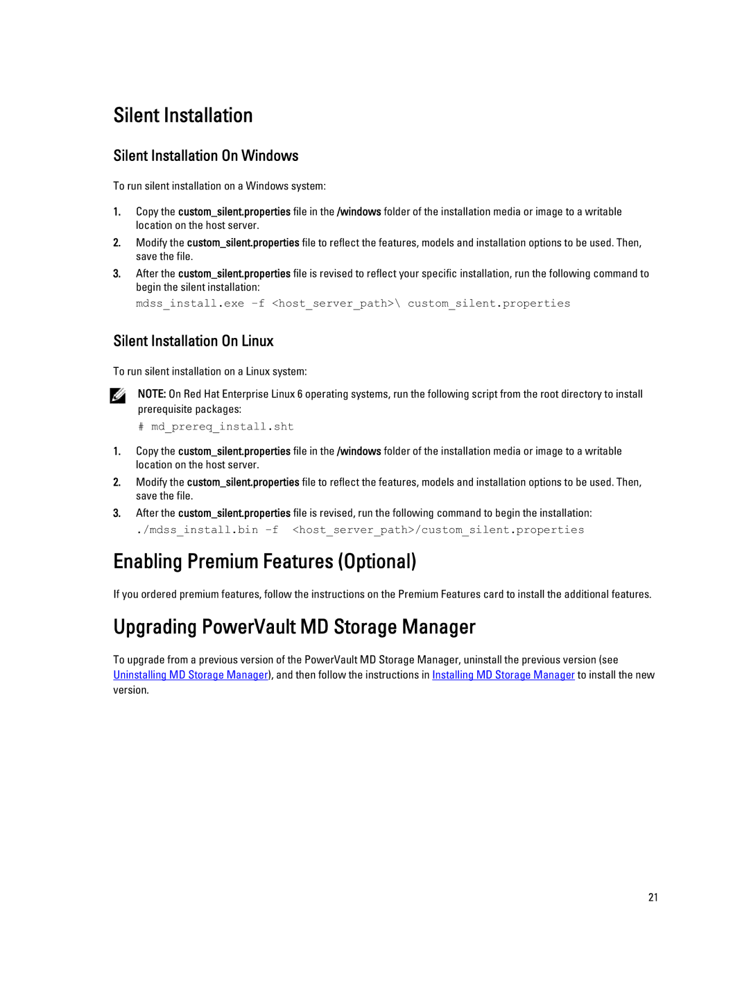 Dell MD3660I manual Silent Installation, Enabling Premium Features Optional, Upgrading PowerVault MD Storage Manager 