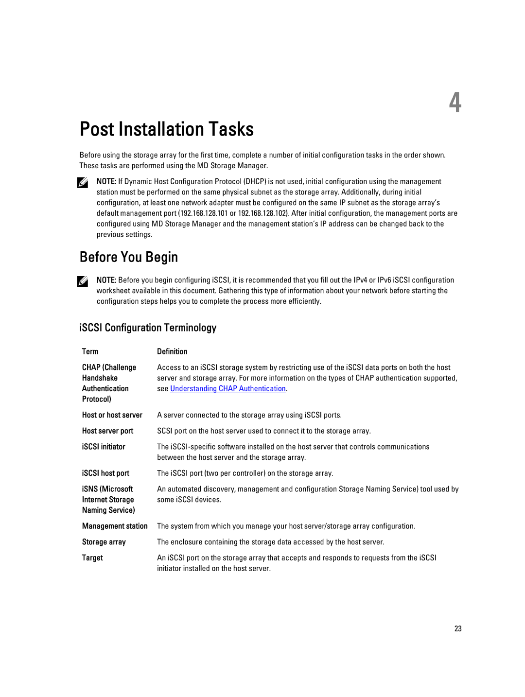 Dell MD3660I manual Post Installation Tasks, Before You Begin, ISCSI Configuration Terminology 