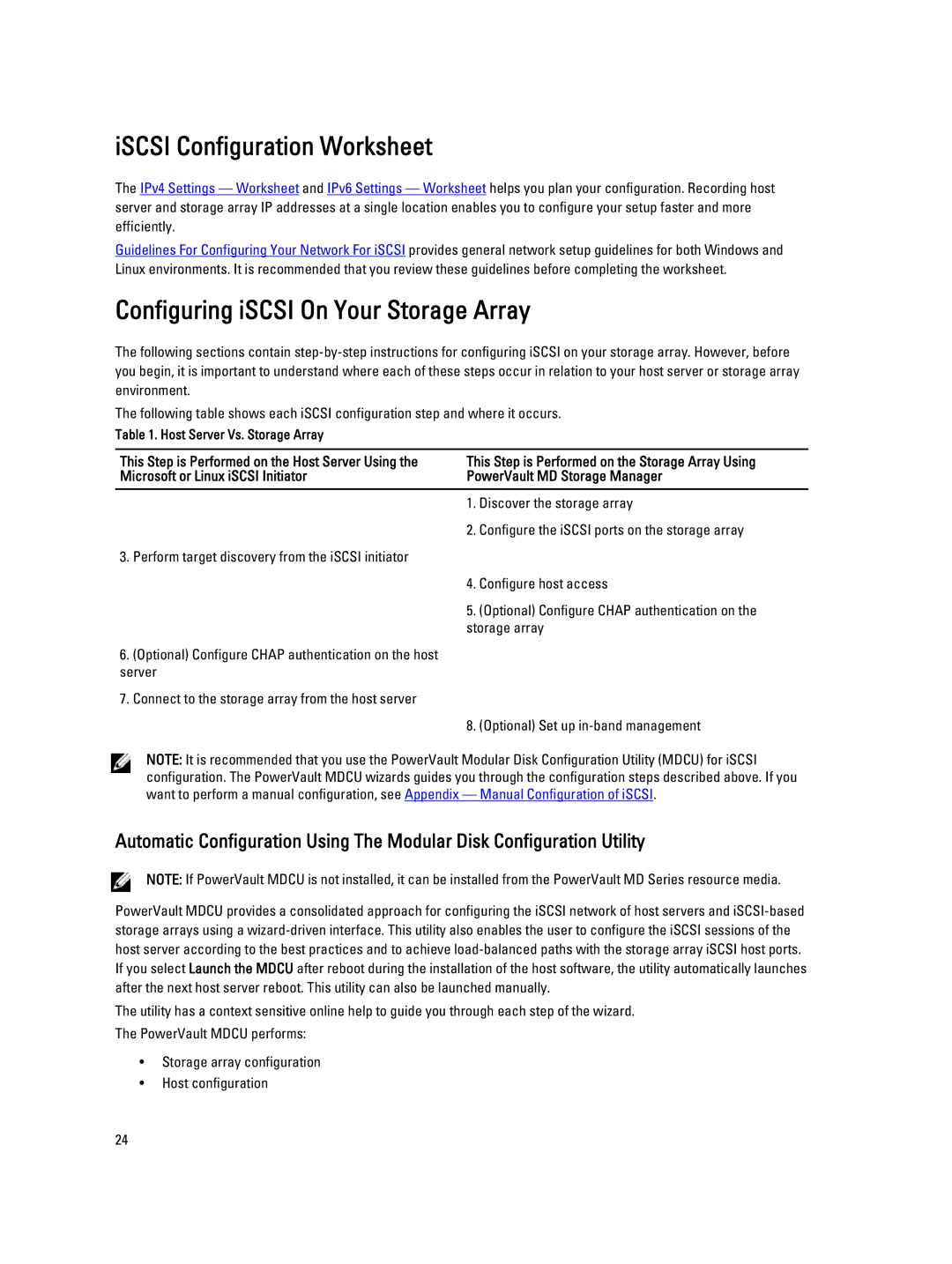 Dell MD3660I manual ISCSI Configuration Worksheet, Configuring iSCSI On Your Storage Array 