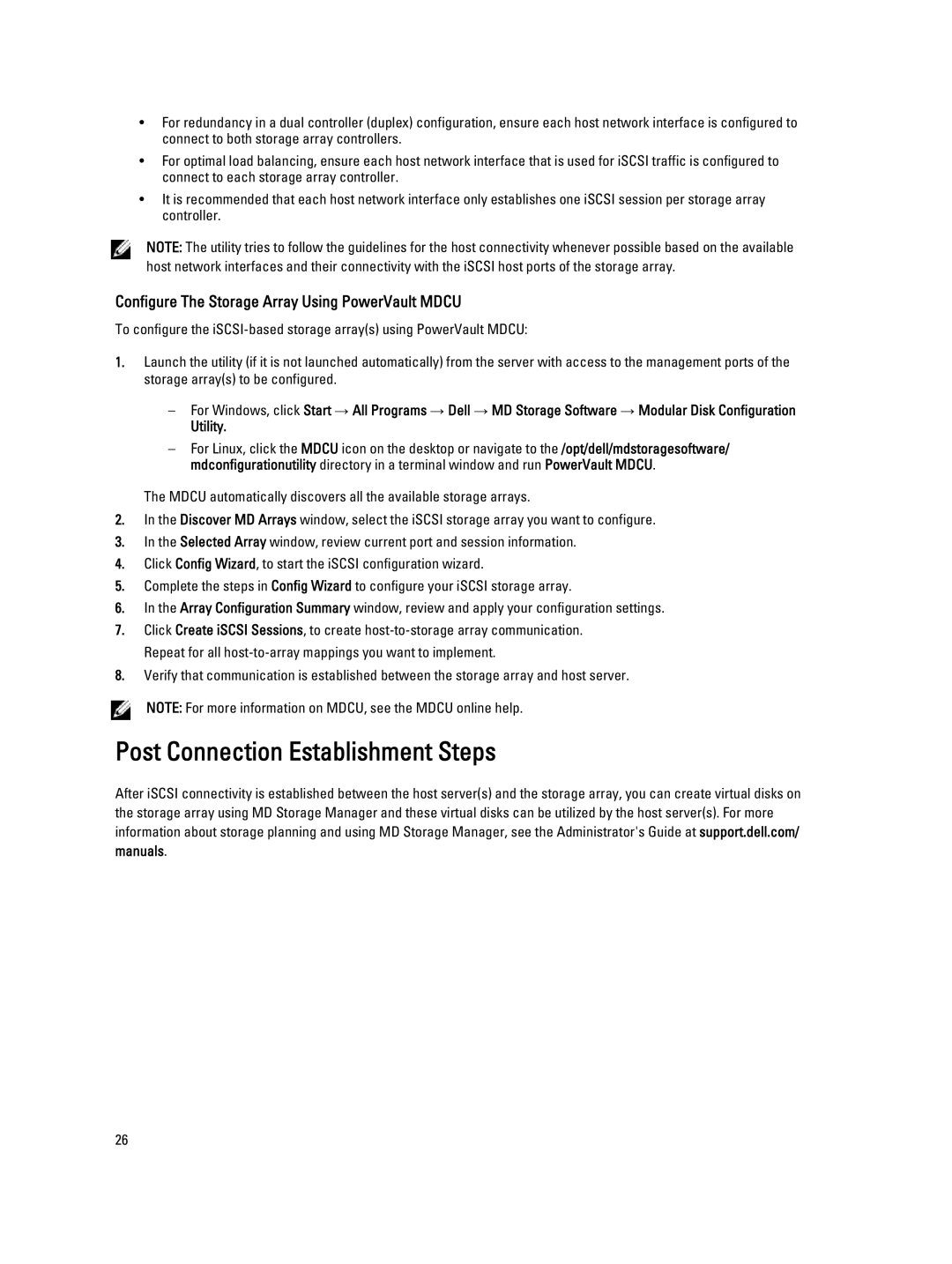 Dell MD3660I manual Post Connection Establishment Steps, Configure The Storage Array Using PowerVault Mdcu 