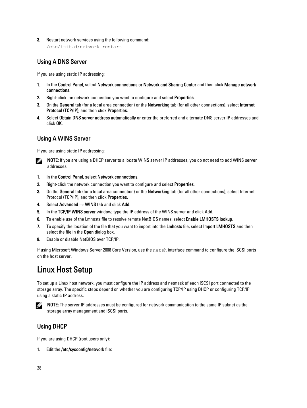 Dell MD3660I manual Linux Host Setup, Using a DNS Server, Using a Wins Server, Using Dhcp 