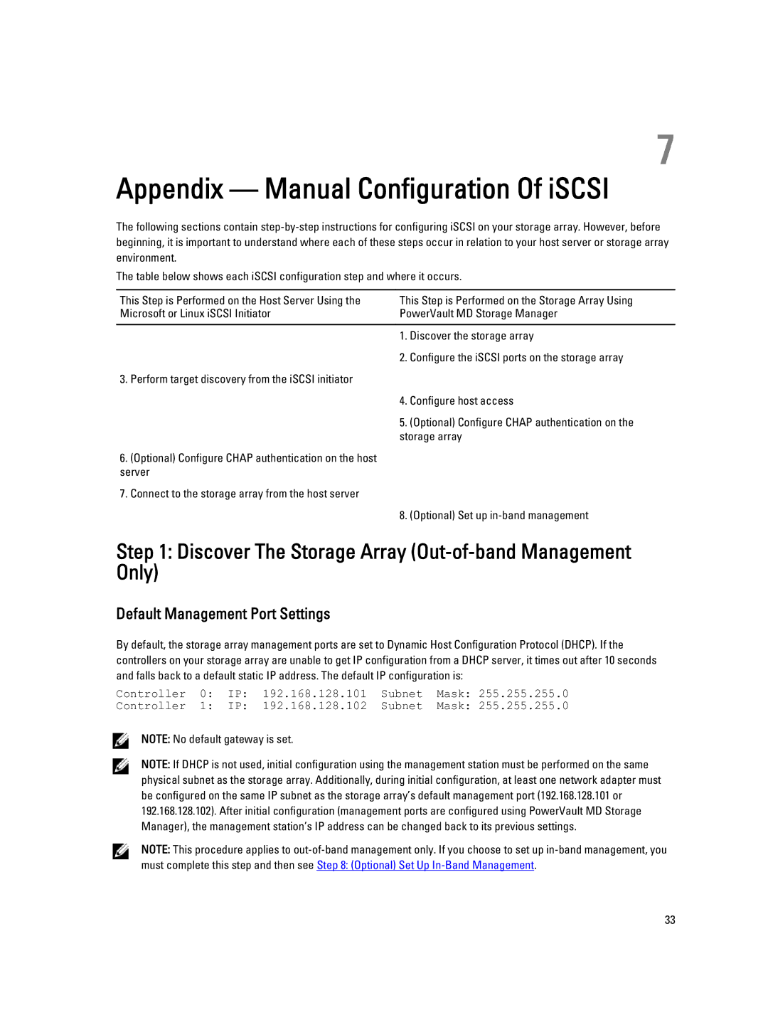 Dell MD3660I manual Appendix Manual Configuration Of iSCSI, Discover The Storage Array Out-of-band Management Only 