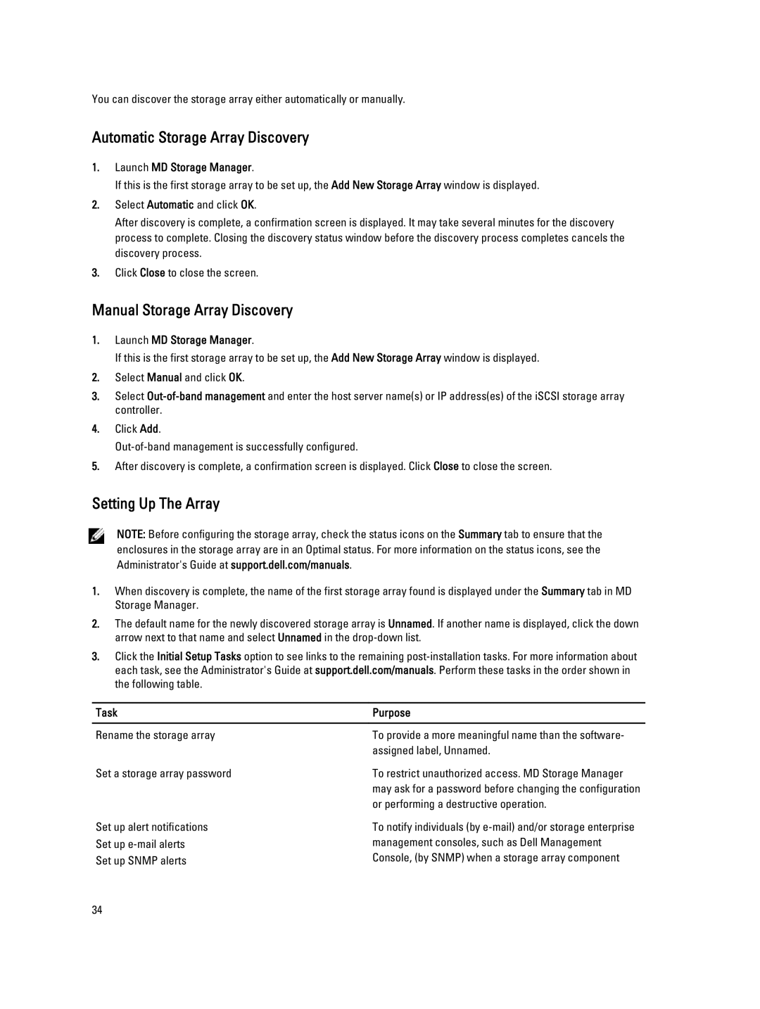 Dell MD3660I manual Automatic Storage Array Discovery, Manual Storage Array Discovery, Setting Up The Array, Task Purpose 