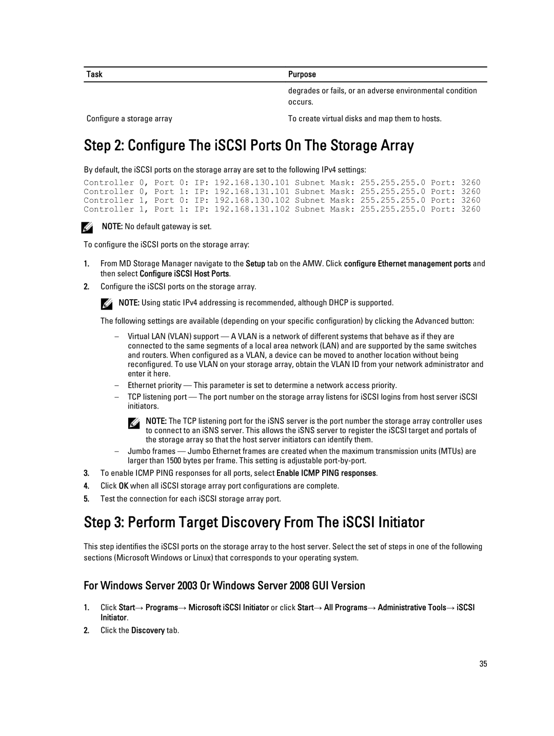 Dell MD3660I manual Configure The iSCSI Ports On The Storage Array, Perform Target Discovery From The iSCSI Initiator 