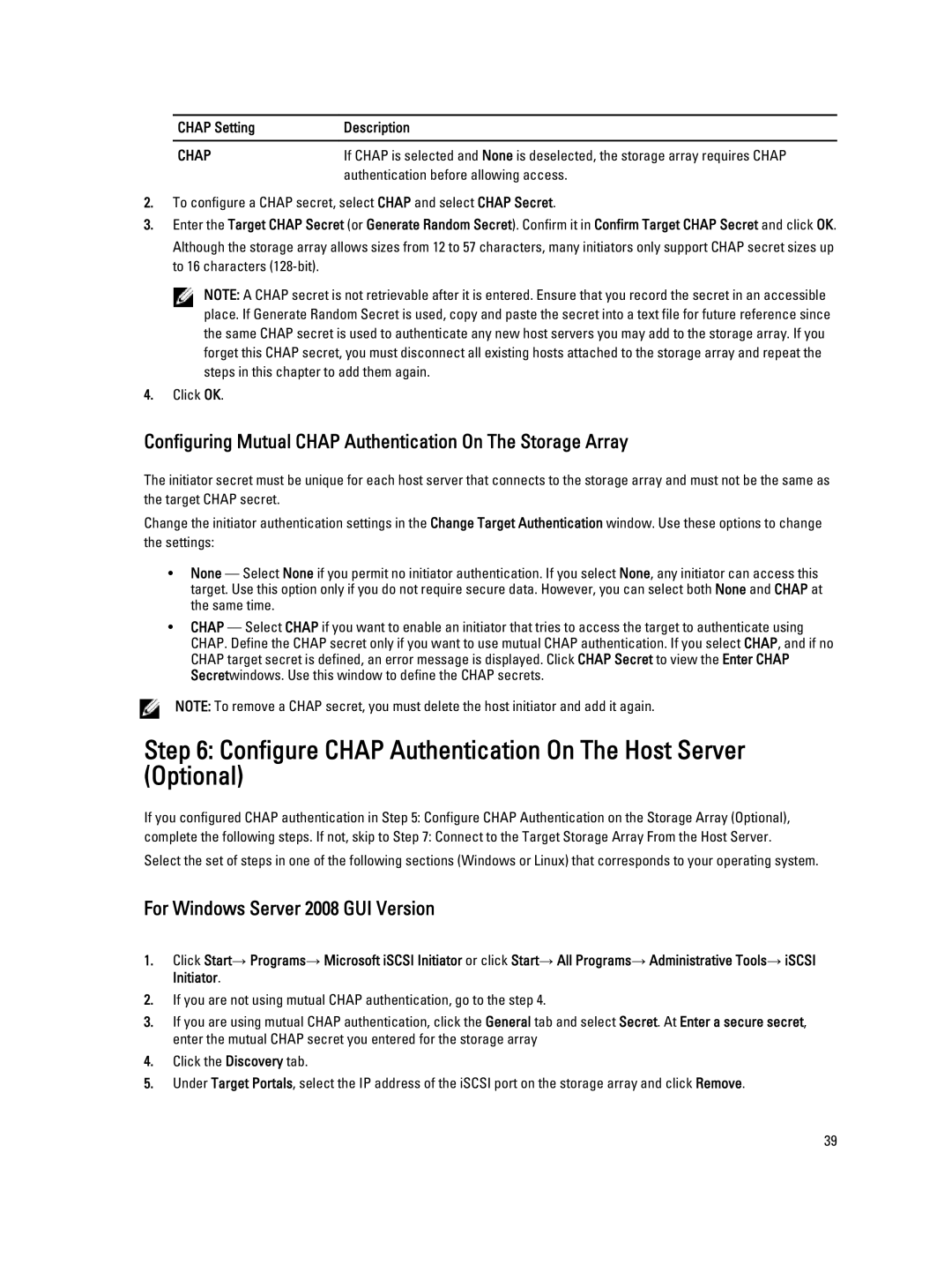 Dell MD3660I manual Configure Chap Authentication On The Host Server Optional, For Windows Server 2008 GUI Version 