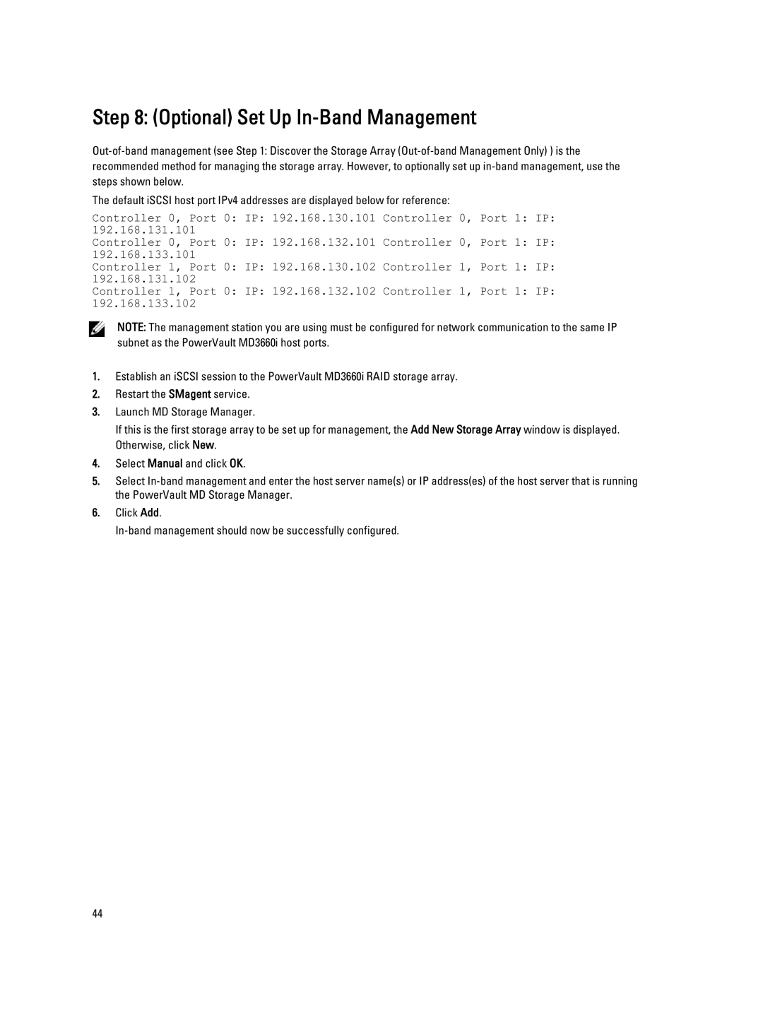 Dell MD3660I manual Optional Set Up In-Band Management 