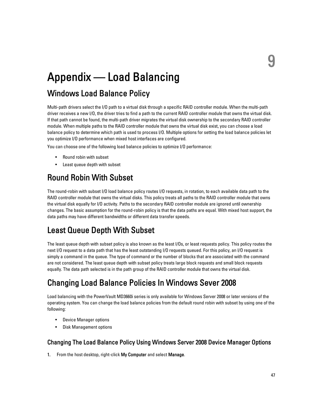 Dell MD3660I Appendix Load Balancing, Windows Load Balance Policy, Round Robin With Subset, Least Queue Depth With Subset 