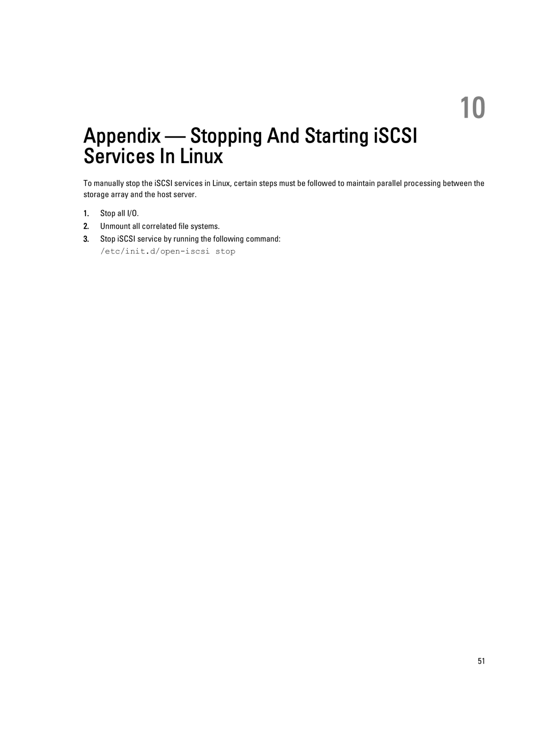 Dell MD3660I manual Appendix Stopping And Starting iSCSI Services In Linux 