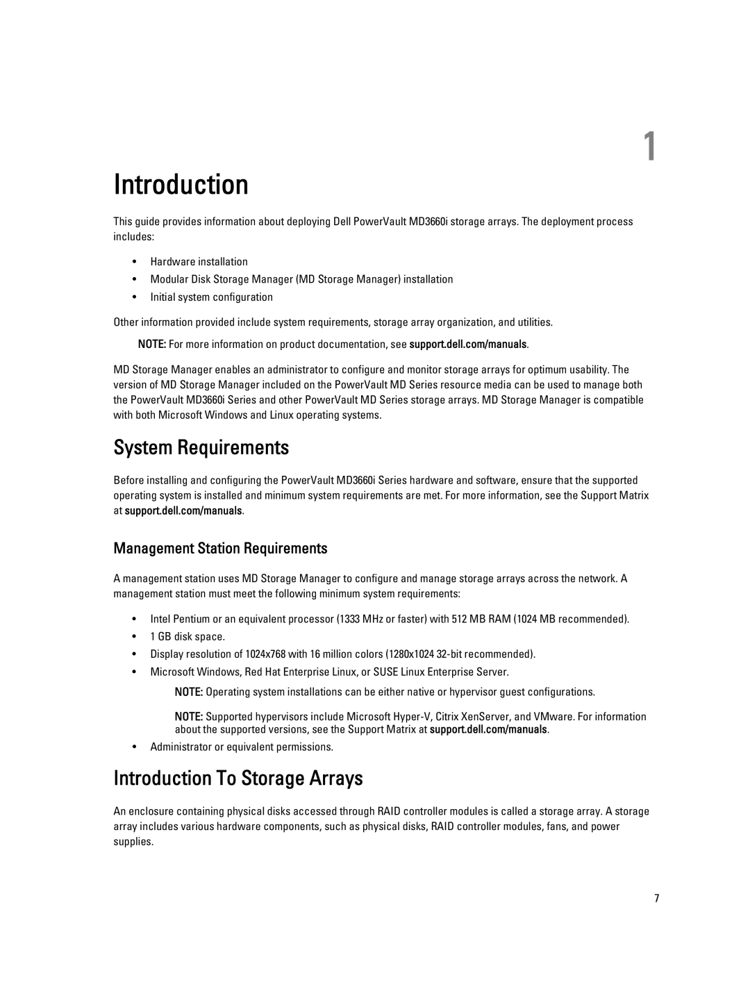 Dell MD3660I manual System Requirements, Introduction To Storage Arrays, Management Station Requirements 