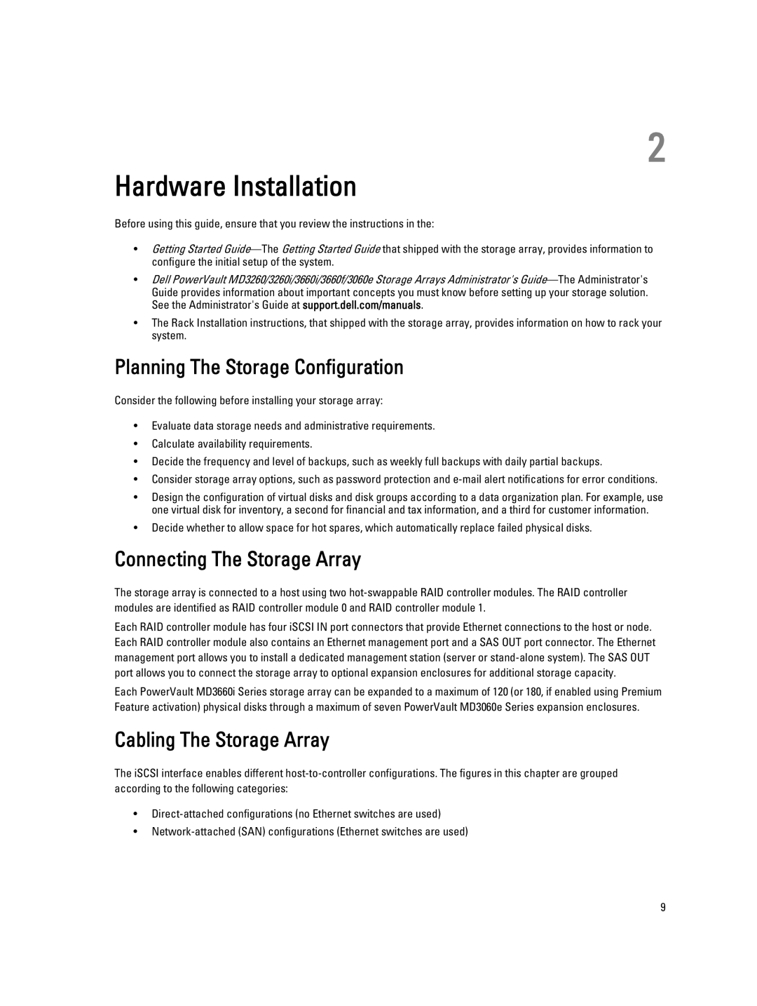 Dell MD3660I manual Hardware Installation, Planning The Storage Configuration, Connecting The Storage Array 