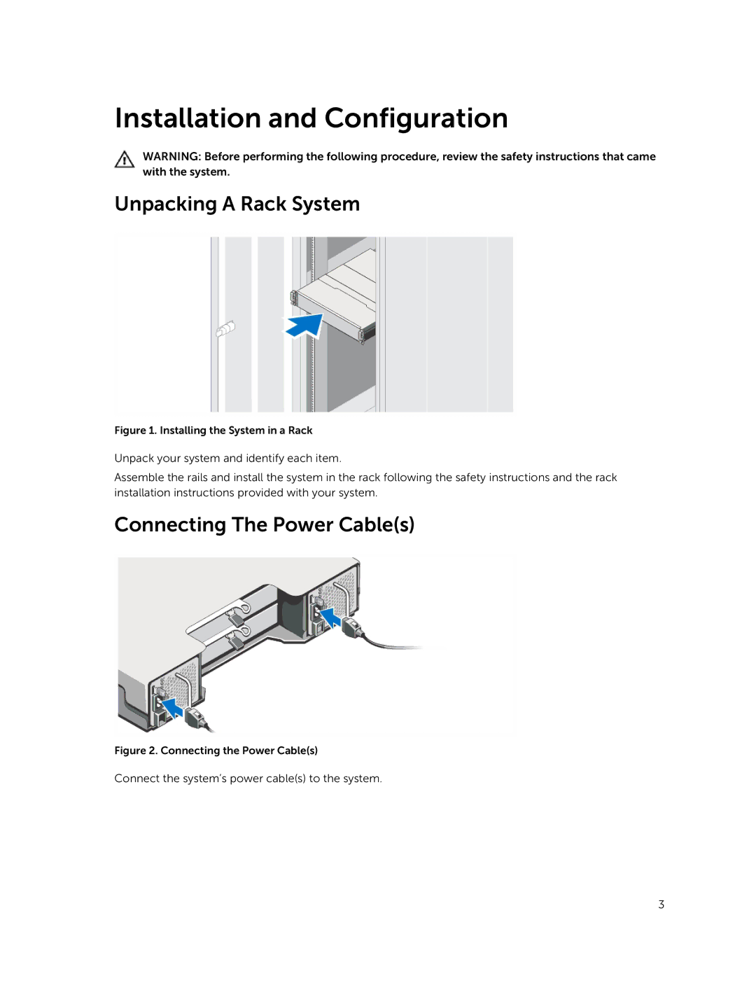 Dell MD3400, MD3820f, MD3800f, MD3800i, MD3820i, MD3420 manual Unpacking a Rack System, Connecting The Power Cables 