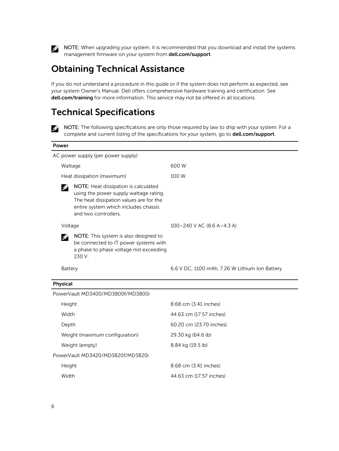 Dell MD3820f, MD3800f, MD3800i, MD3400, MD3820i, MD3420 manual Obtaining Technical Assistance Technical Specifications 