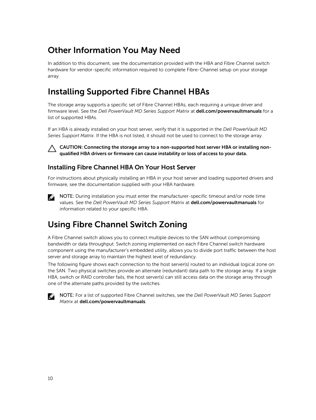 Dell MD3820f Other Information You May Need, Installing Supported Fibre Channel HBAs, Using Fibre Channel Switch Zoning 