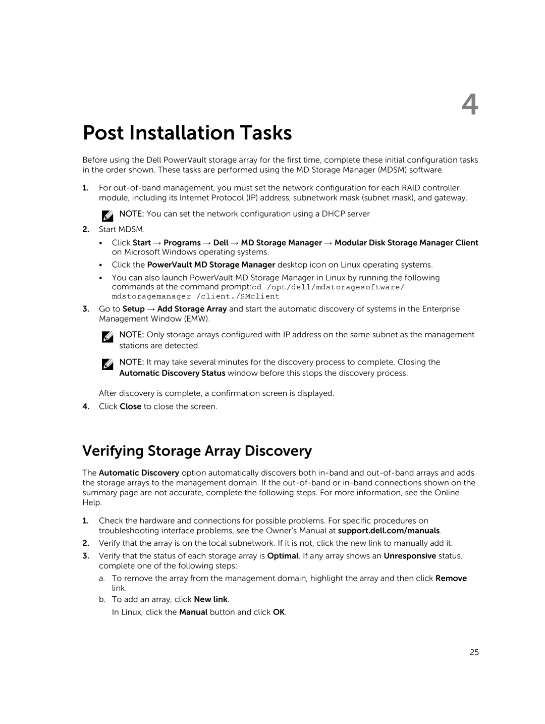 Dell MD3800f, MD3820f manual Post Installation Tasks, Verifying Storage Array Discovery 