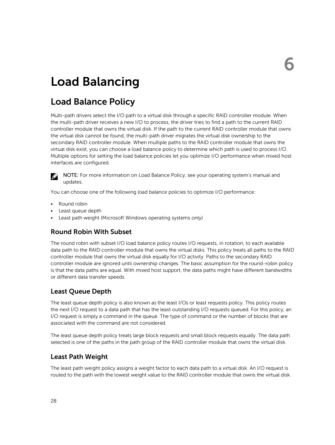 Dell MD3820f, MD3800f Load Balancing, Load Balance Policy, Round Robin With Subset, Least Queue Depth, Least Path Weight 