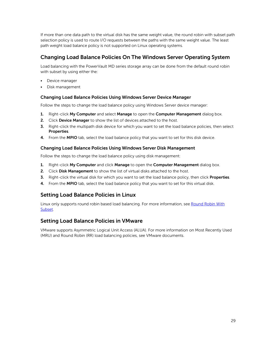 Dell MD3800f, MD3820f manual Setting Load Balance Policies in Linux, Setting Load Balance Policies in VMware 