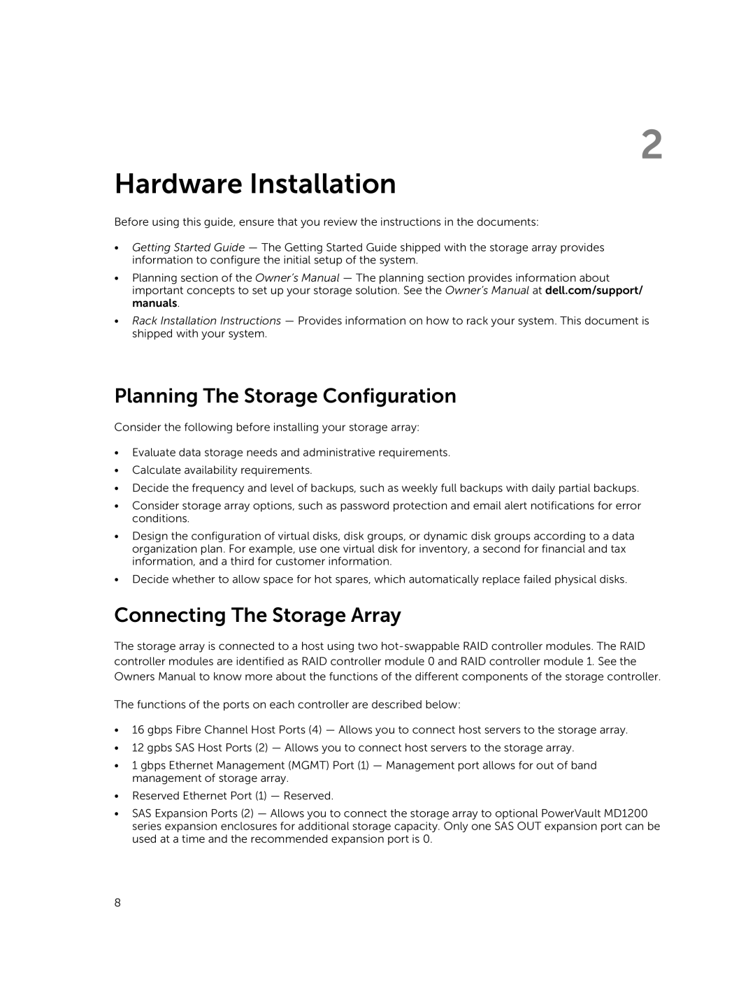 Dell MD3820f, MD3800f manual Hardware Installation, Planning The Storage Configuration, Connecting The Storage Array 