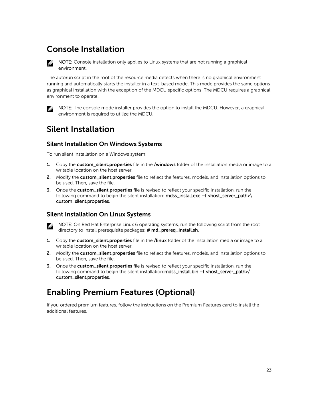 Dell MD3800f, MD3820f manual Console Installation, Silent Installation, Enabling Premium Features Optional 