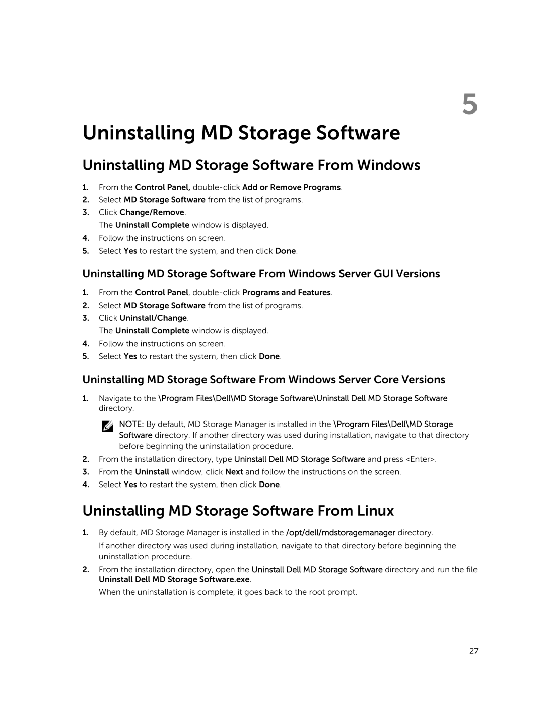 Dell MD3800f, MD3820f manual Uninstalling MD Storage Software From Windows, Uninstalling MD Storage Software From Linux 