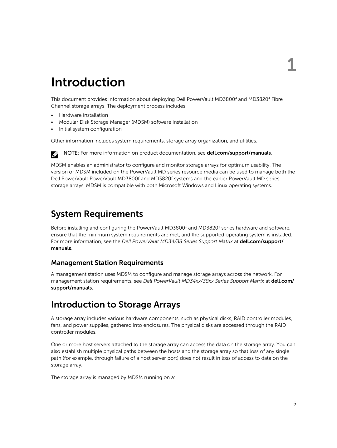 Dell MD3800f, MD3820f manual System Requirements, Introduction to Storage Arrays, Management Station Requirements 