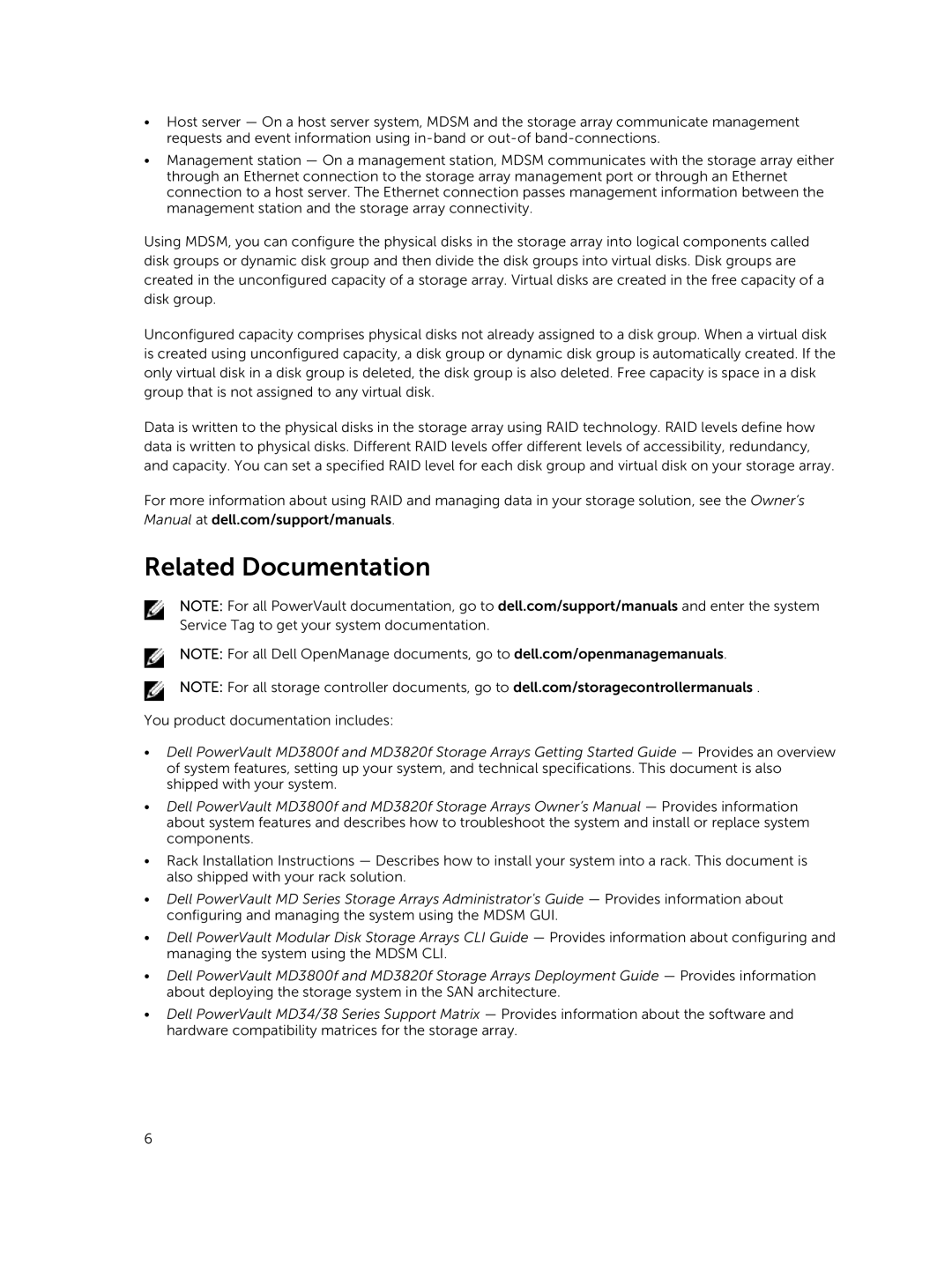 Dell MD3820f, MD3800f manual Related Documentation 