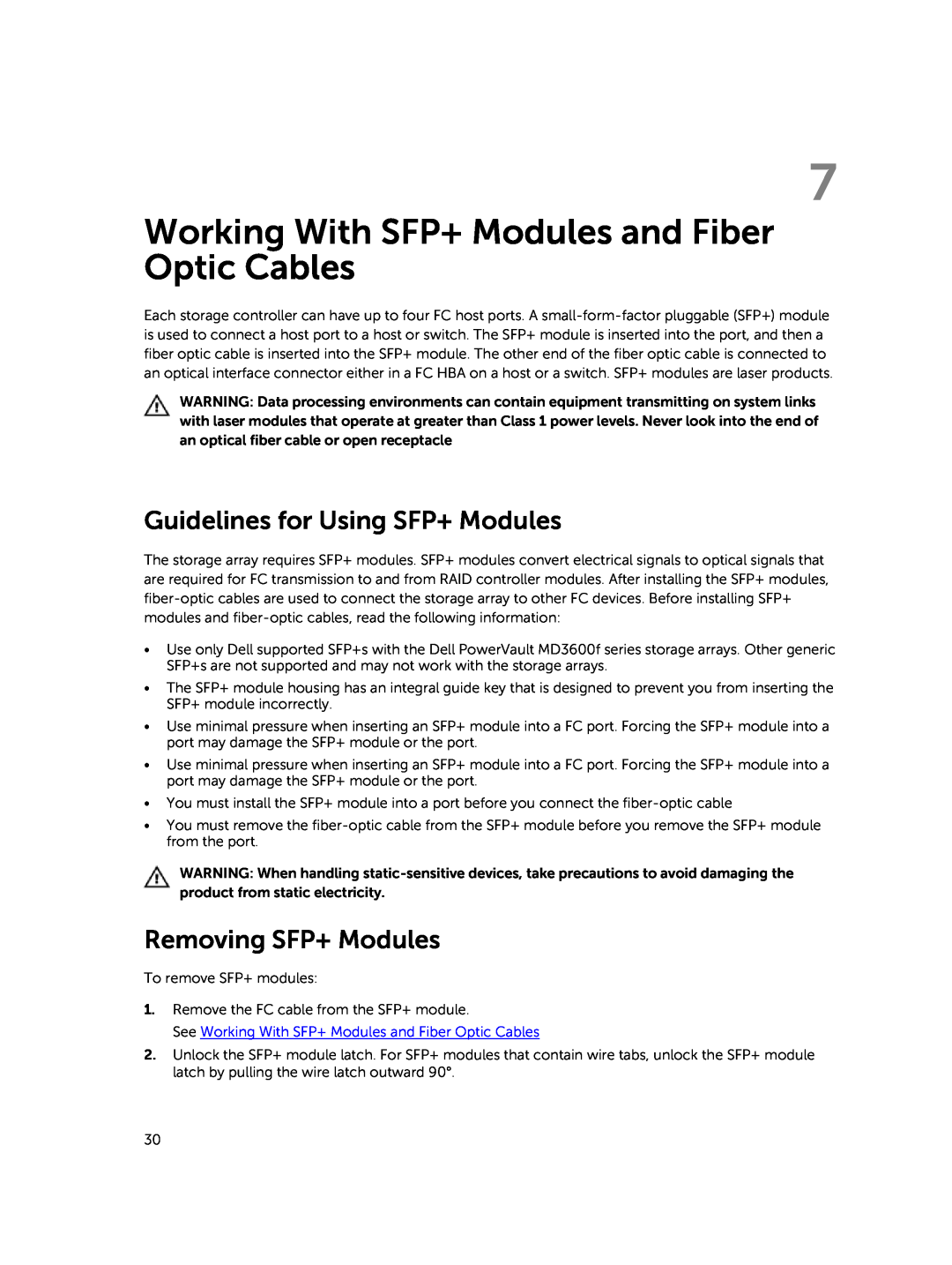 Dell MD3820f Working With SFP+ Modules and Fiber Optic Cables, Guidelines for Using SFP+ Modules, Removing SFP+ Modules 
