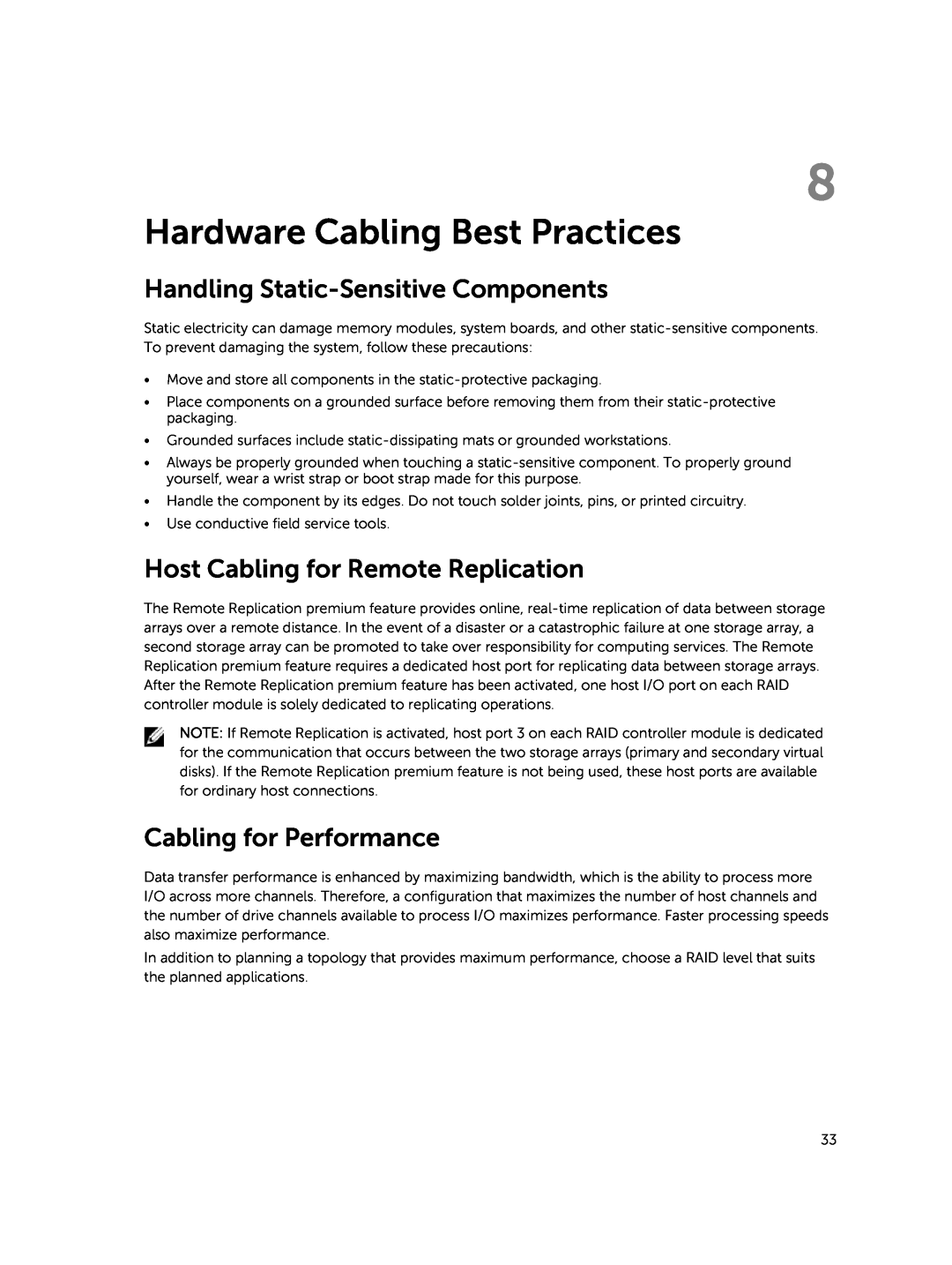 Dell MD3800f Hardware Cabling Best Practices, Handling Static-Sensitive Components, Host Cabling for Remote Replication 