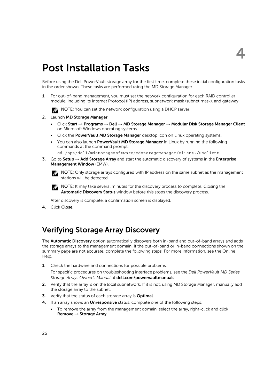 Dell Md3860f manual Post Installation Tasks, Verifying Storage Array Discovery 