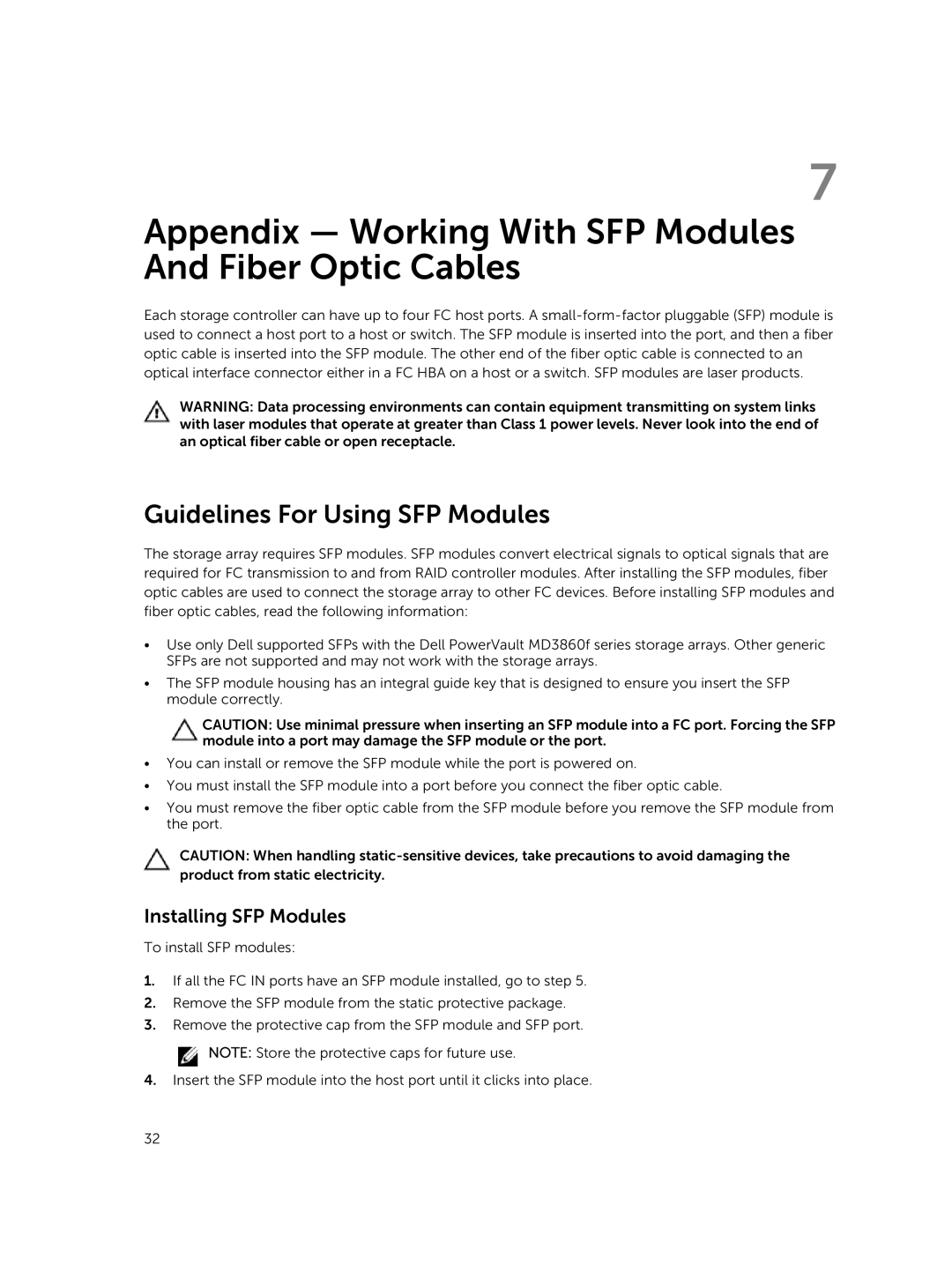 Dell Md3860f manual Appendix Working With SFP Modules And Fiber Optic Cables, Guidelines For Using SFP Modules 